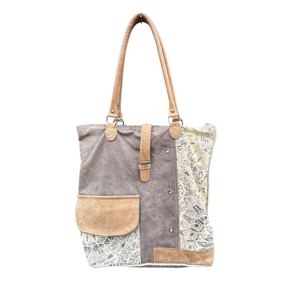 Myra Bag Upcycled Canvas Leather Tote Shoulder Bag Gray‎ Boho Floral Mandala
